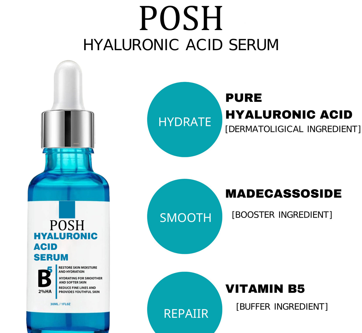 POSH Hyaluronic Acid Serum for Skin Anti Aging Serum Intense Hydration Moisture Non greasy Paraben free Hyaluronic Acid for Your Face Pro Formula