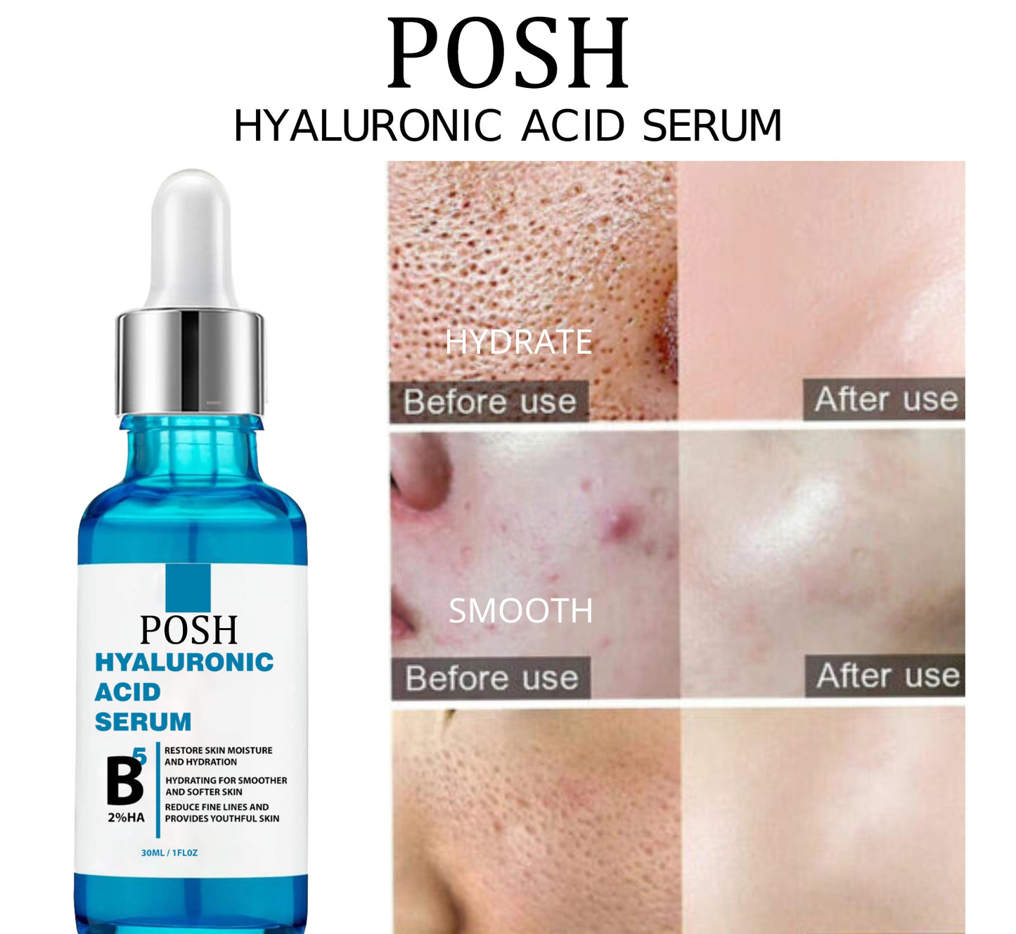 POSH Hyaluronic Acid Serum for Skin Anti Aging Serum Intense Hydration Moisture Non greasy Paraben free Hyaluronic Acid for Your Face Pro Formula